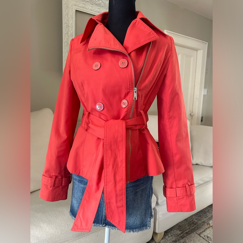 BLACK RIVET by Wilson's Leather Coral-Red Short Belted Trench Moto Coat Size S